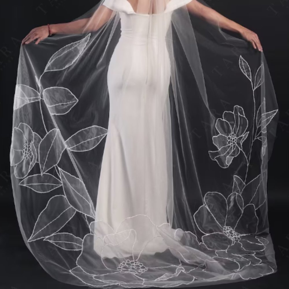 Ivory Floral Cathedral Length Wedding Veil Bridal